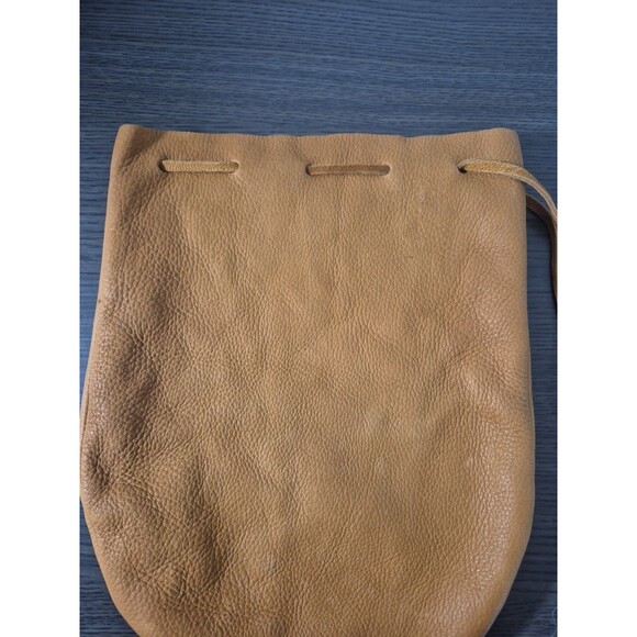 Vintage Genuine Leather Drawstring Pouch Camel Tan Color With Wooden Bead Accent - Picture 5 of 16